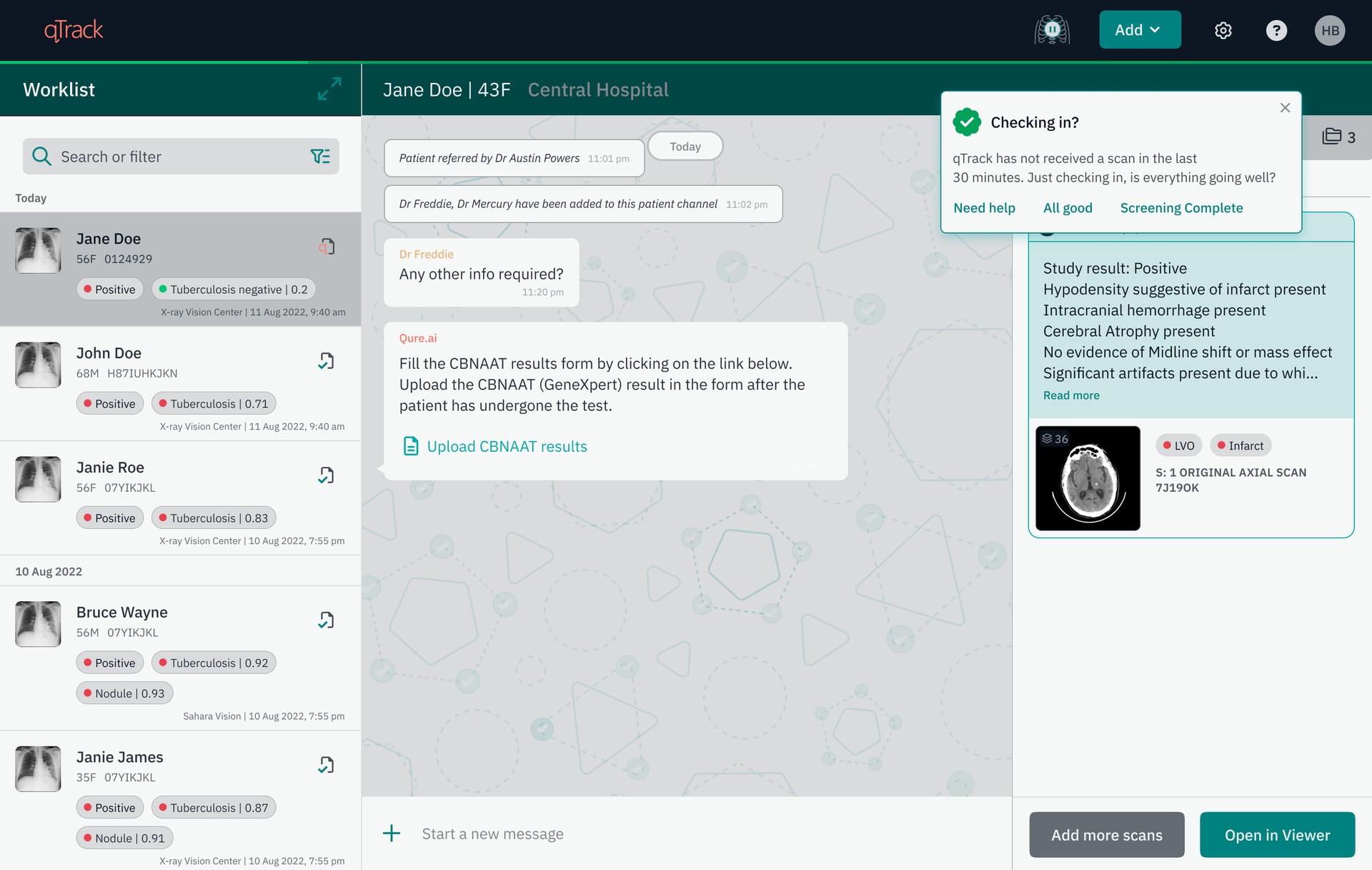Checking in? prompt in qTrack after 30 minutes without a scan, with Need help, All good and Screening Complete options