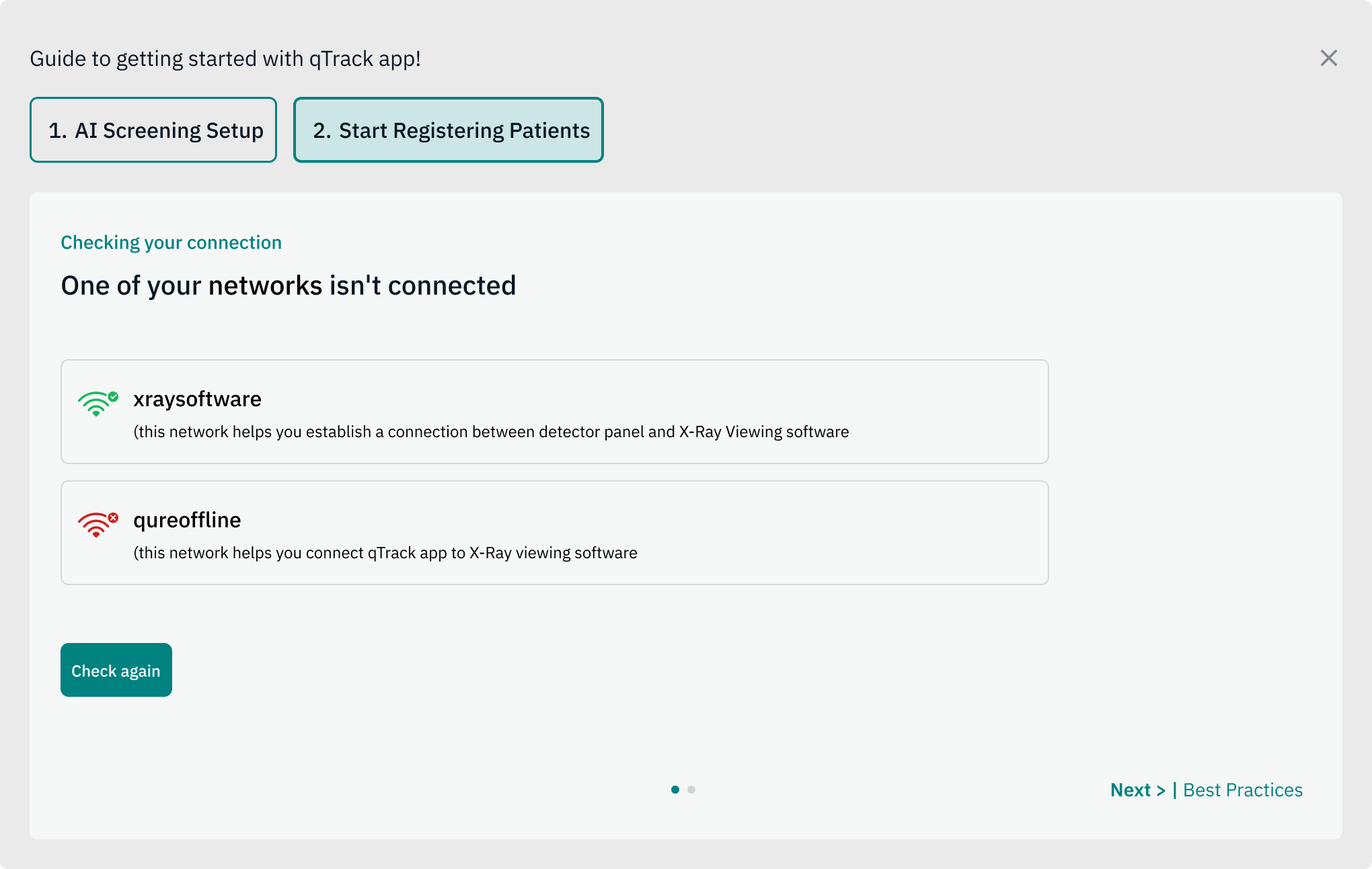 Connection check naming the network that isn't connected, with a Check again button