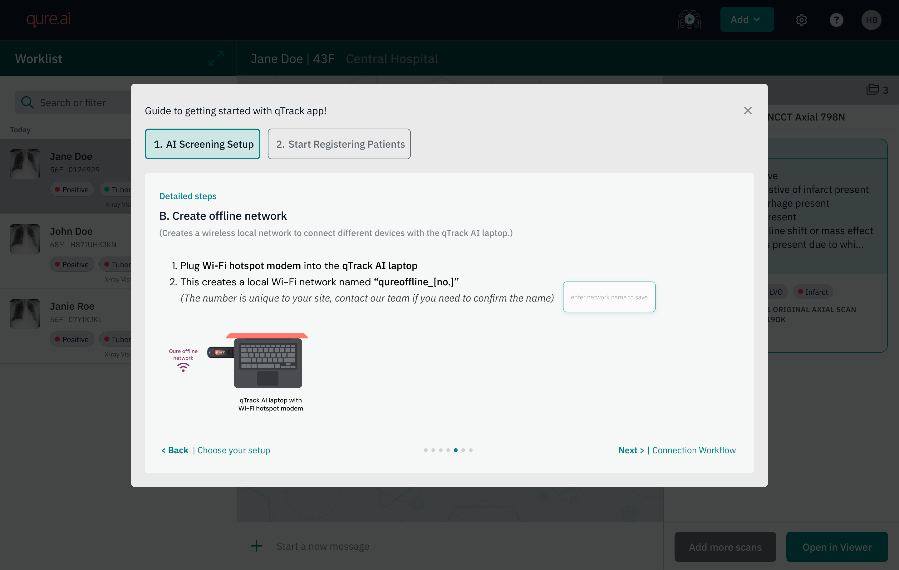 AI Screening Setup step with an input field to save the network name