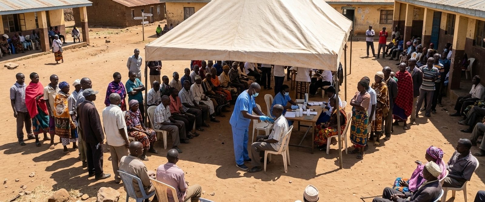 Illustration of a busy outdoor TB screening camp with people queueing under a tent