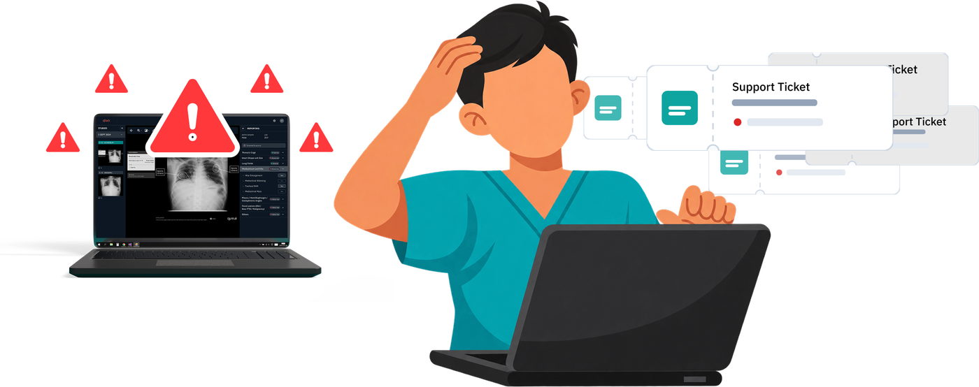 Illustration of a health worker overwhelmed by error alerts on the qTrack laptop and piling support tickets