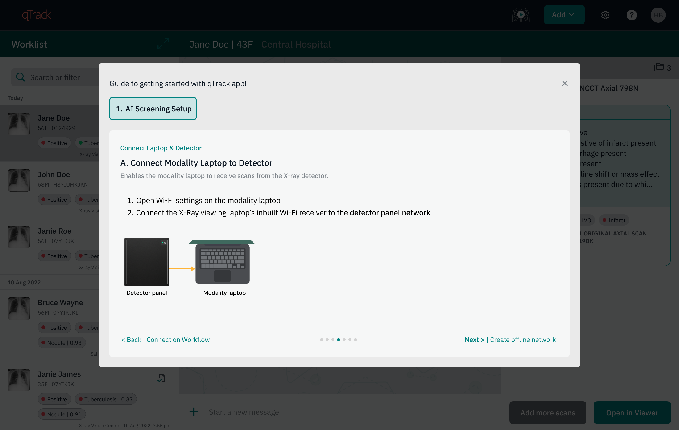 Step-by-step guide showing how to connect the modality laptop to the detector panel
