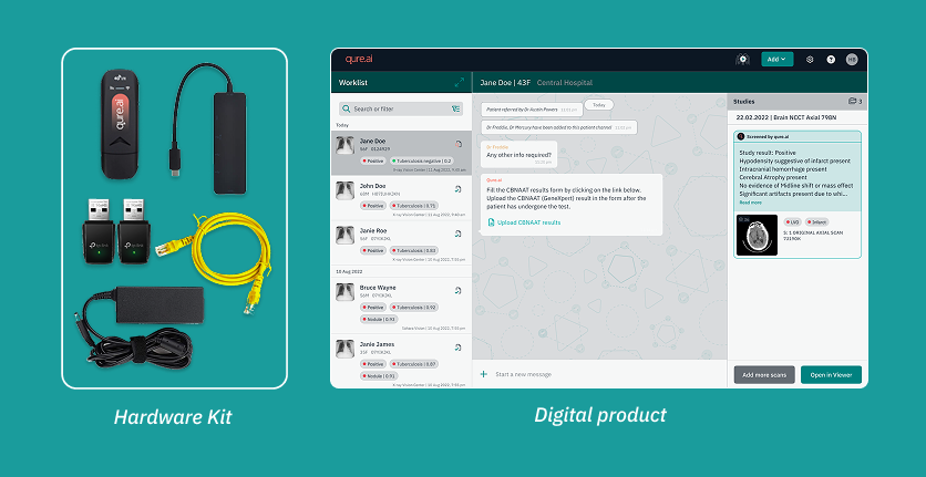 The qTrack hardware kit next to the qTrack app