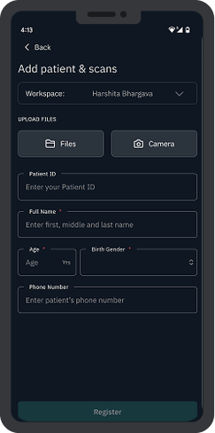 The phone showing Add patient and scans, ready to register patients