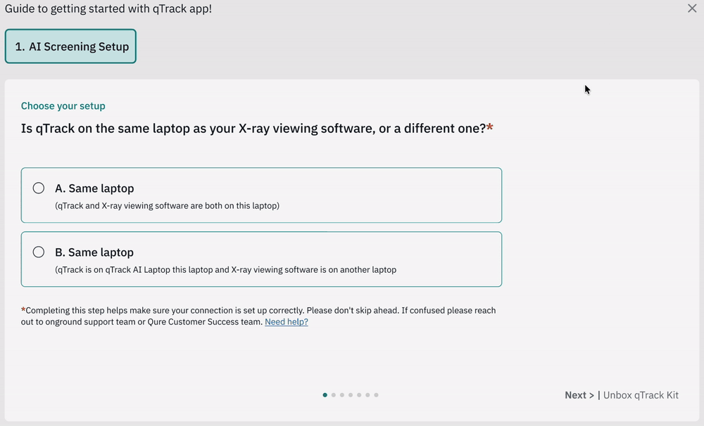 The Start Screening setup flow in qTrack, step by step