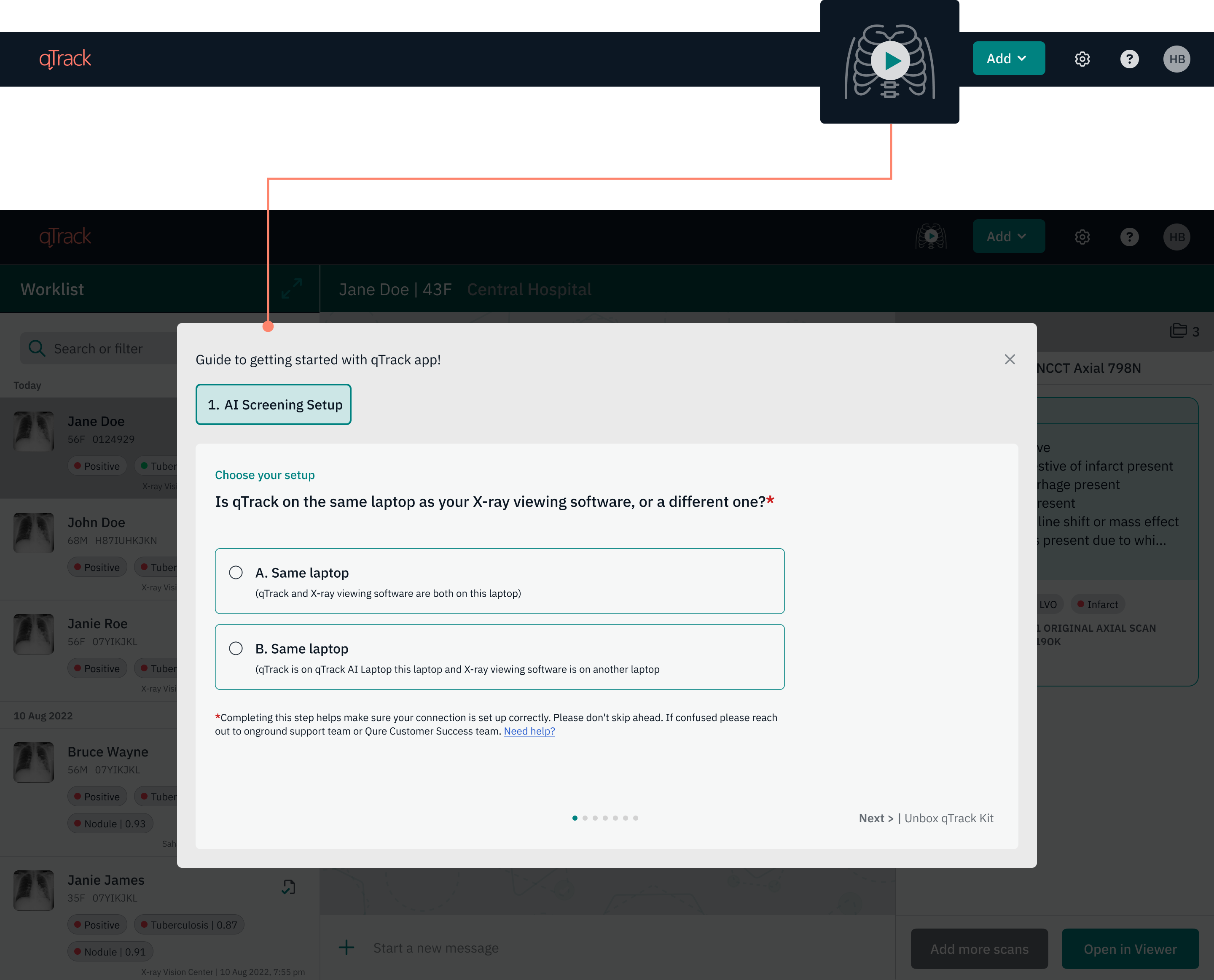 Start Screening onboarding entry point in the qTrack app