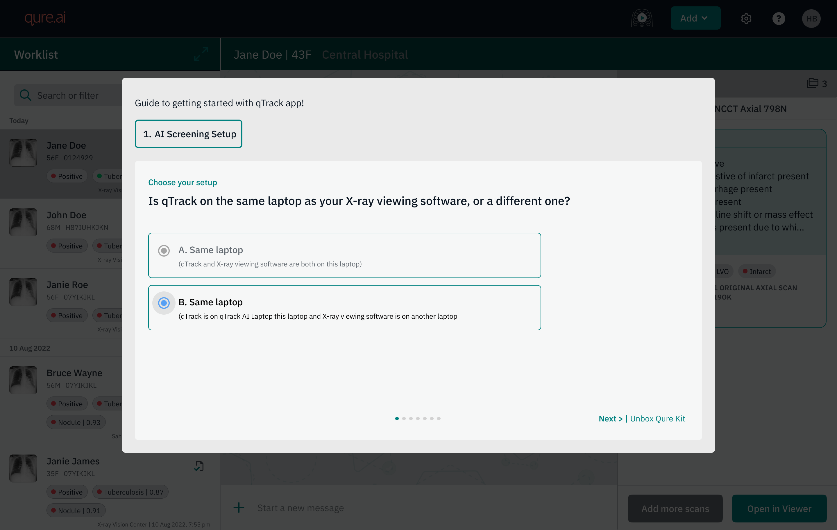 Choose your setup step asking whether qTrack is on the same laptop as the X-ray viewing software