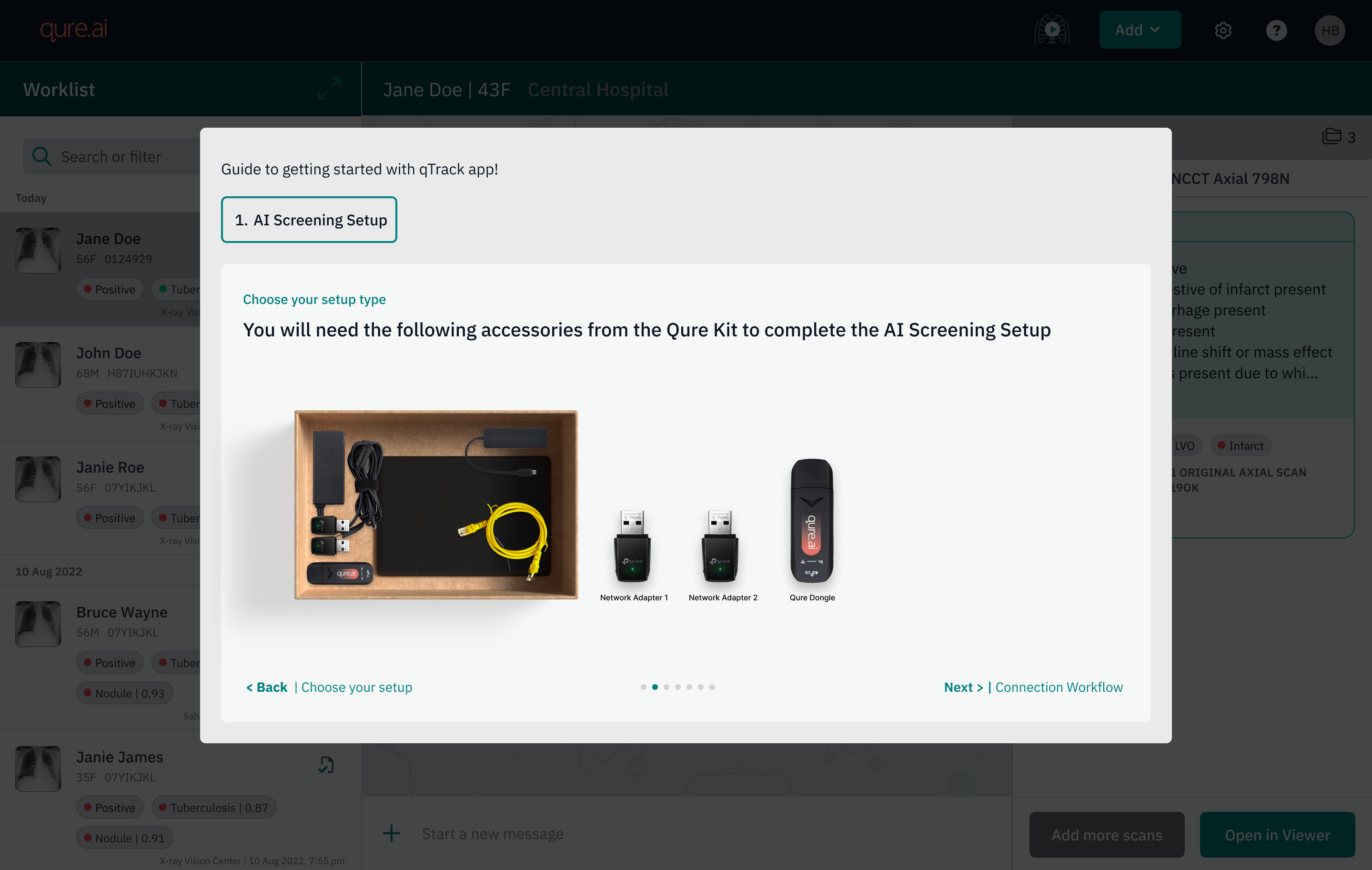Unbox qTrack Kit step listing the Qure Kit accessories needed for setup