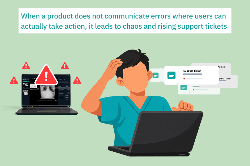 Illustration of a support worker overwhelmed by rising support tickets due to unclear product error messaging